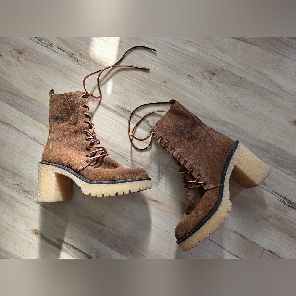 Free People Dylan Lace Up Boots Combat Brown Suede Platform Crepe Sole Sz 38